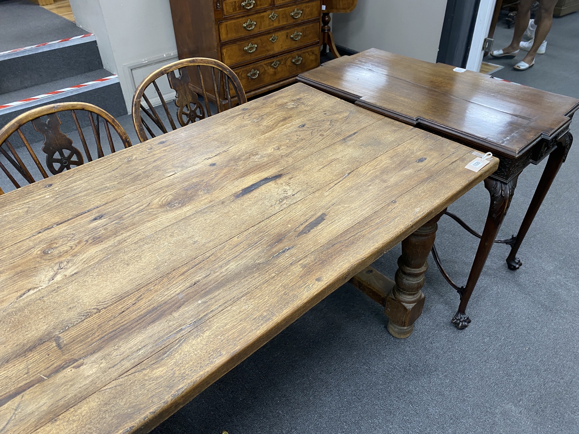 A French oak rectangular farmhouse table, fitted drawer, length 230cm, width 79cm, height 74cm